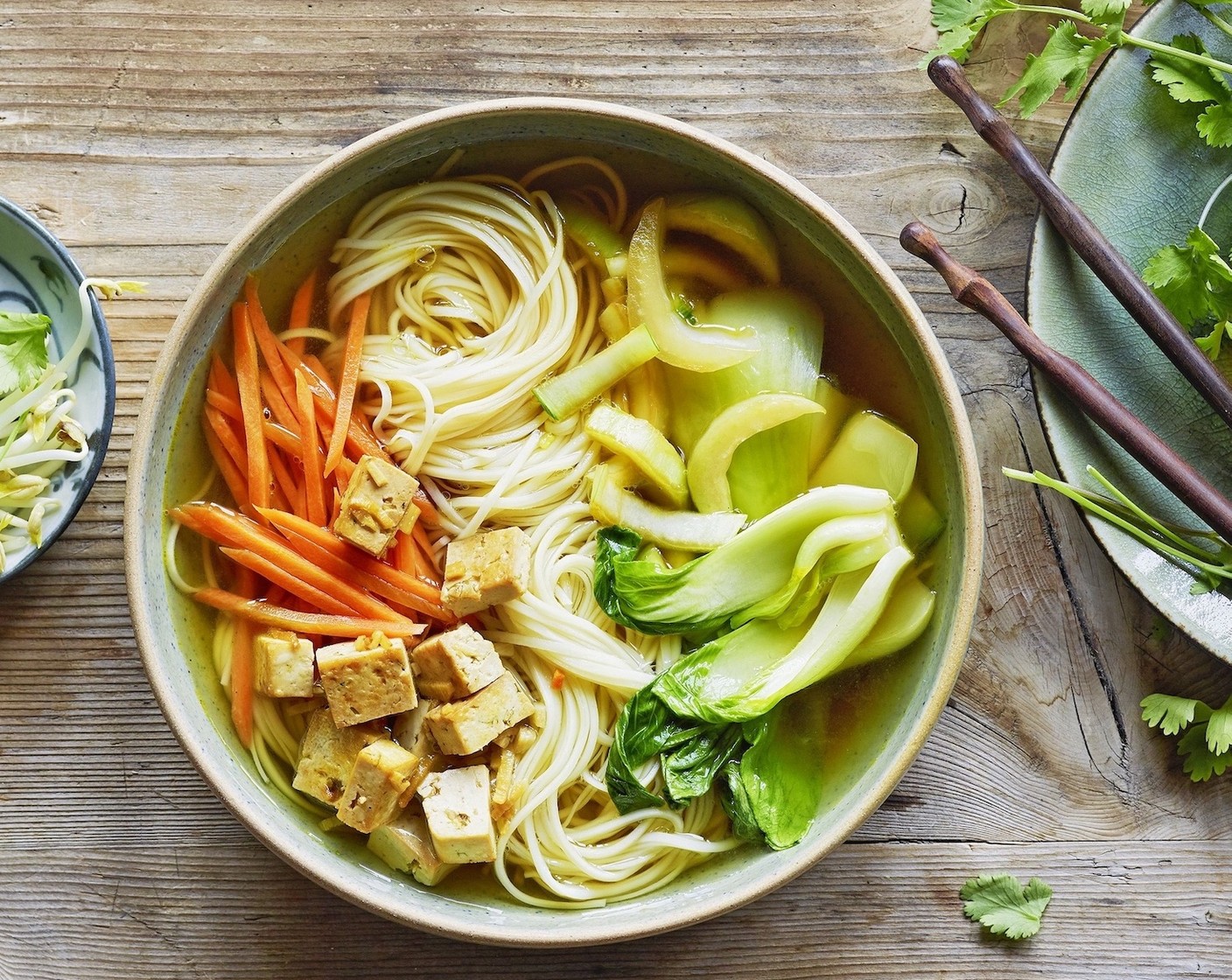 Schritt 6 Zum Schluss das Gemüse und den Tofu in Schalen verteilen. Die Nudeln und Sojasprossen (80 g) darauf anrichten und mit übriger heisser Bouillon auffüllen. Mit Korianderblätter (1/2 Bd.) garnieren und servieren.